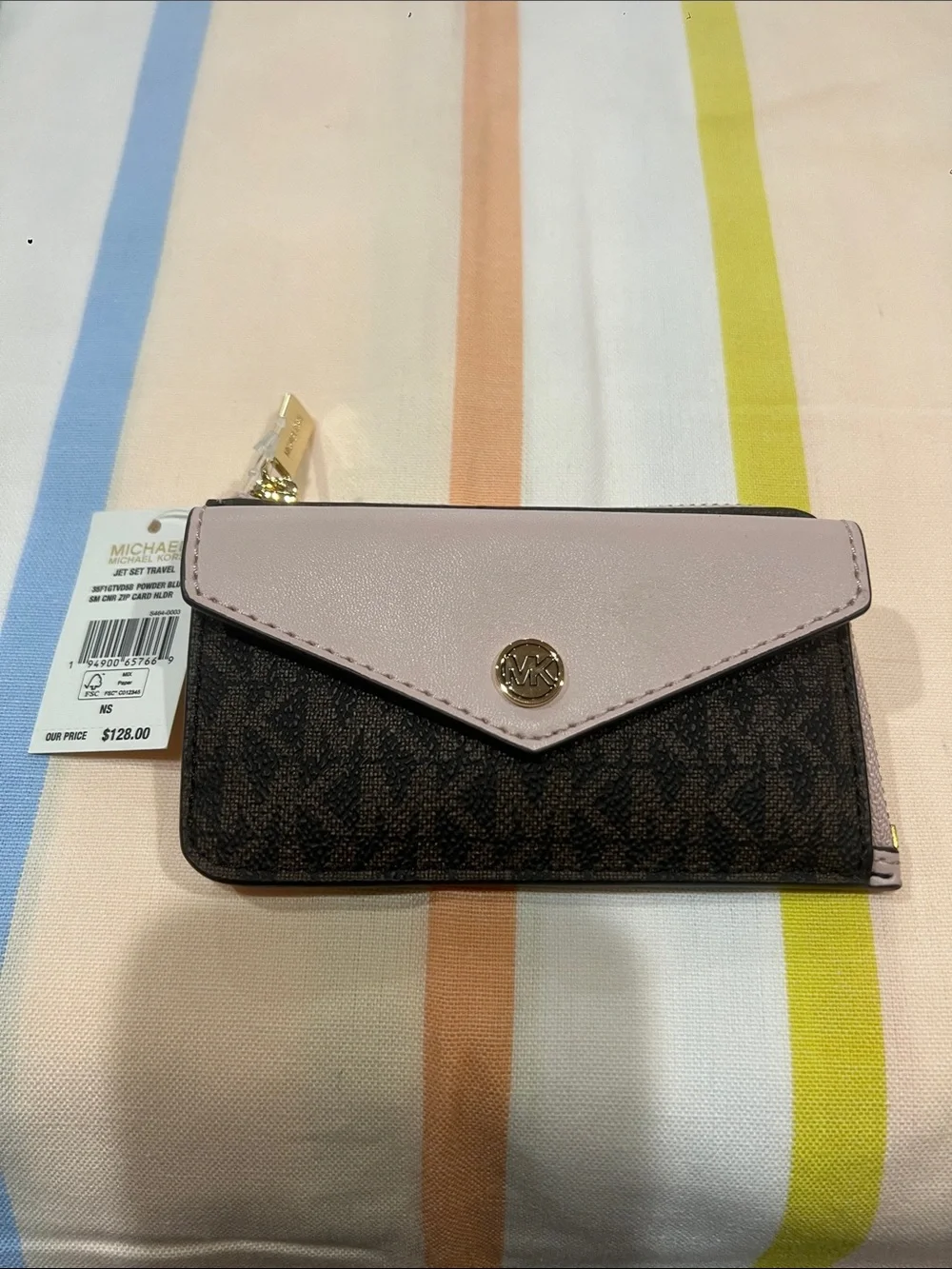 Michael Kors Brown MK Logo Wallet powder blush Envelope Flap SM CNR ZIP card